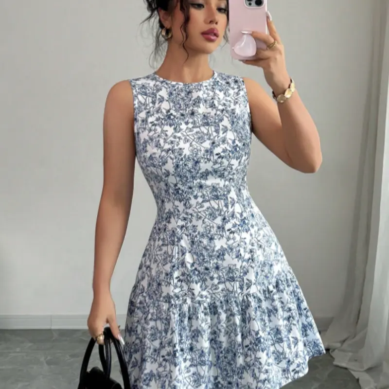 Elegant Floral Flower Print Sleeveless Cinched Waist Mini Dress For Women, Chic French Style Woven Graduation Summer Outfit, Boho Summer Dresses, Spring/Summer, Womenswear