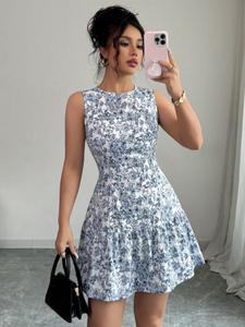 elegant flower print sleeveless cinched waist mini dress for women, french style woven graduation summer outfit, spring/summer, casual wear