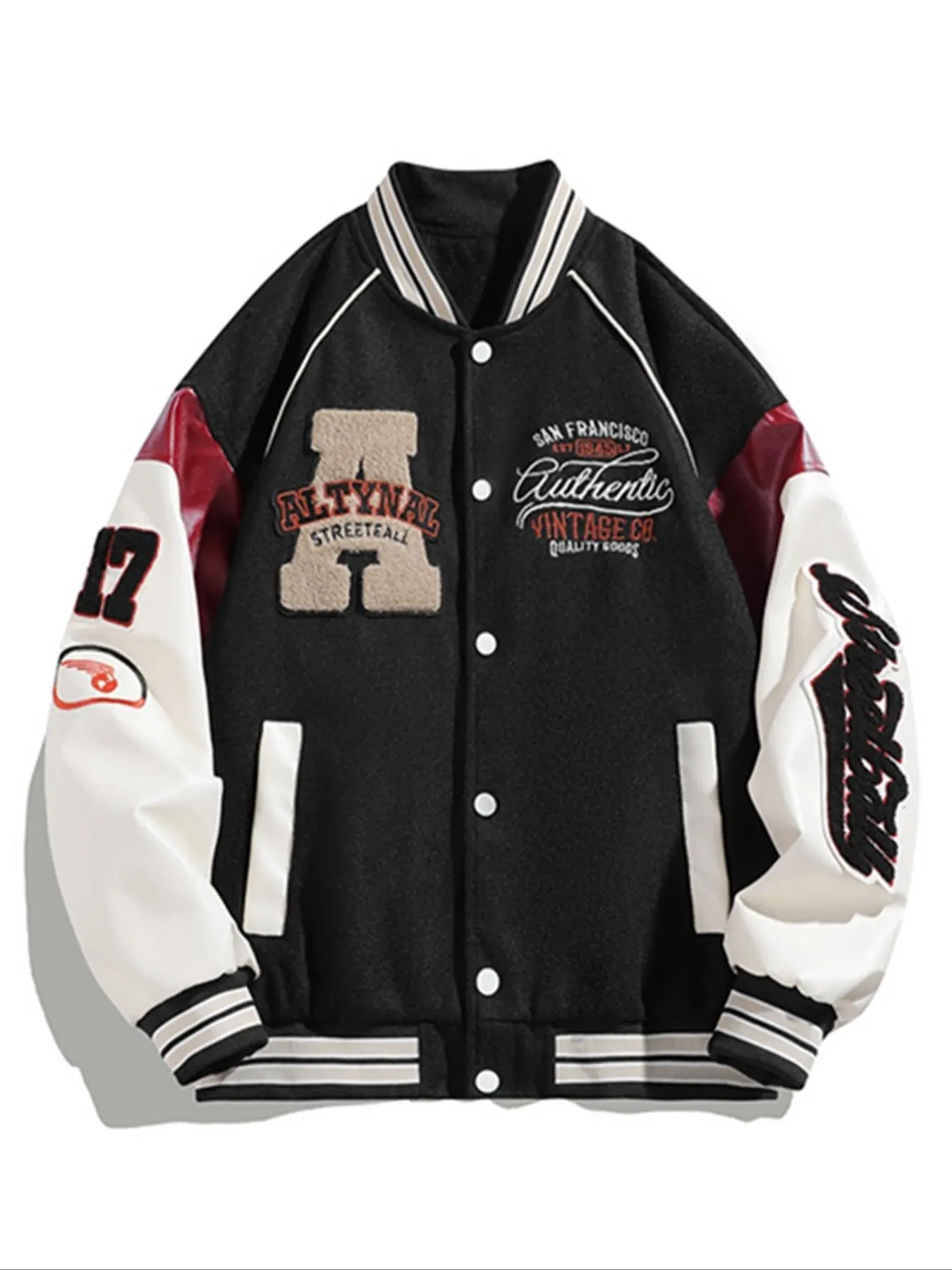 Men's Colorblock Letter Print Drop Shoulder Varsity Jacket Bomber Jacket, Regular Fit Casual Comfy Long Sleeve Button Front Outerwear for Spring & Fall, Fashion Men's Clothes for Daily Wear, Colorblock Print Coat