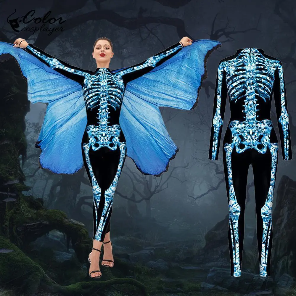 Women's Blue Butterfly Cloak Skeleton Jumpsuit - Halloween Cosplay Witch Bodysuit Catsuit, Funny Carnival Performance Outfit, Women's Clothes, Clothes