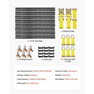 VEVOR E-Track Tie-Down Rail Kit, 6 Pack 5 ft E Track Rails, 26 Pcs Includes 2 Ratchet Straps 6 O-Rings 6 Tie-Offs with D-Ring 12 End Caps, Fit for Garages Vans Trailers Motorcycles