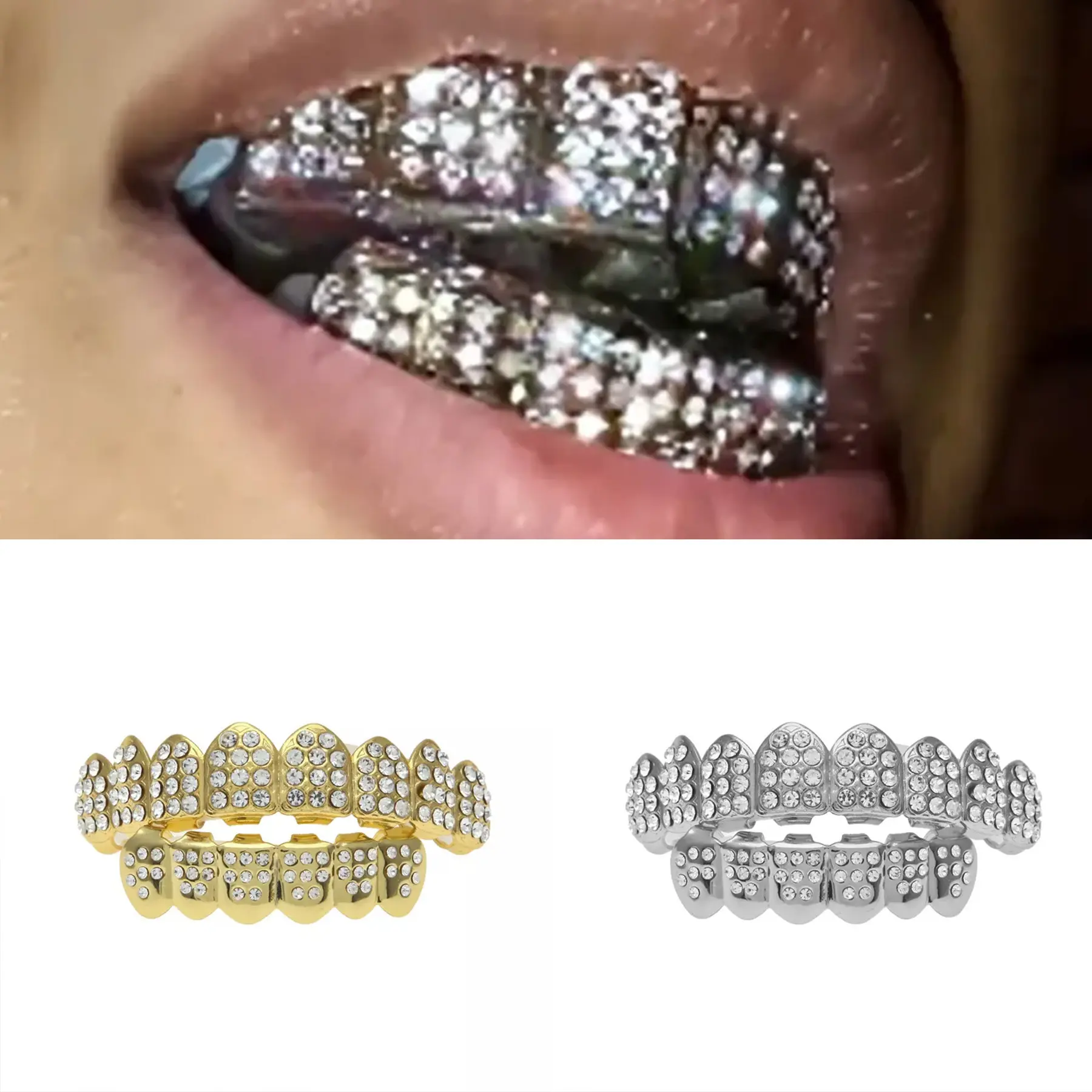 Hot Sale Hip Hop Gold Tooth Caps — Full Diamond Rhinestone Upper Teeth, Eight-Tooth Design, Unisex Decorative Replacement Teeth