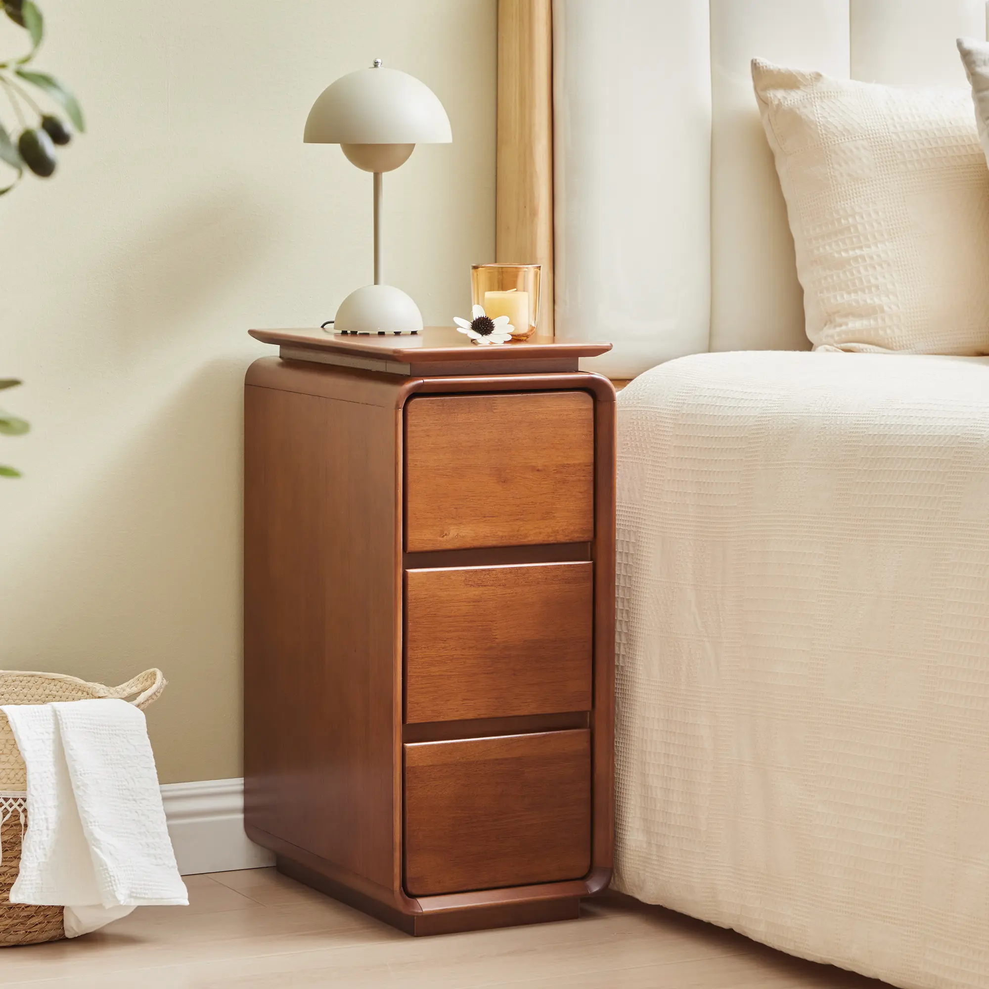 Giratree Fully Assembled Elegant Small Solid Wood Nightstand - No MDF with 3 Drawers, Narrow End Table with Storage for Bedroom, Living Room