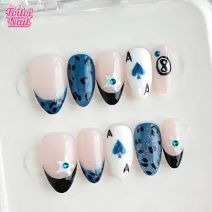 Poker 8 Ball Handmade Press-On Nails | Short Almond Shape, 10pcs, Nail Art Set | Edgy Poker 8 Ball Design | Sheer Nude Base, Spade A, 8 Ball & High Gloss Accents | Reusable DIY Nail Kit for Women | Nails for Spring