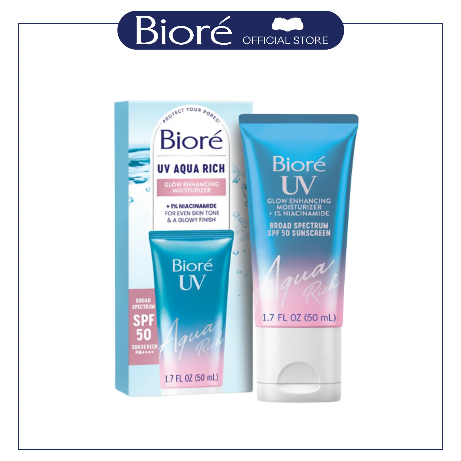 Biore UV Aqua Rich Glow Enhancing Moisturizer, SPF 50 Sunscreen, Instant Glow Boost for All Skin Tones, with Niacinamide for Even Skin Tone, FREE GWP!