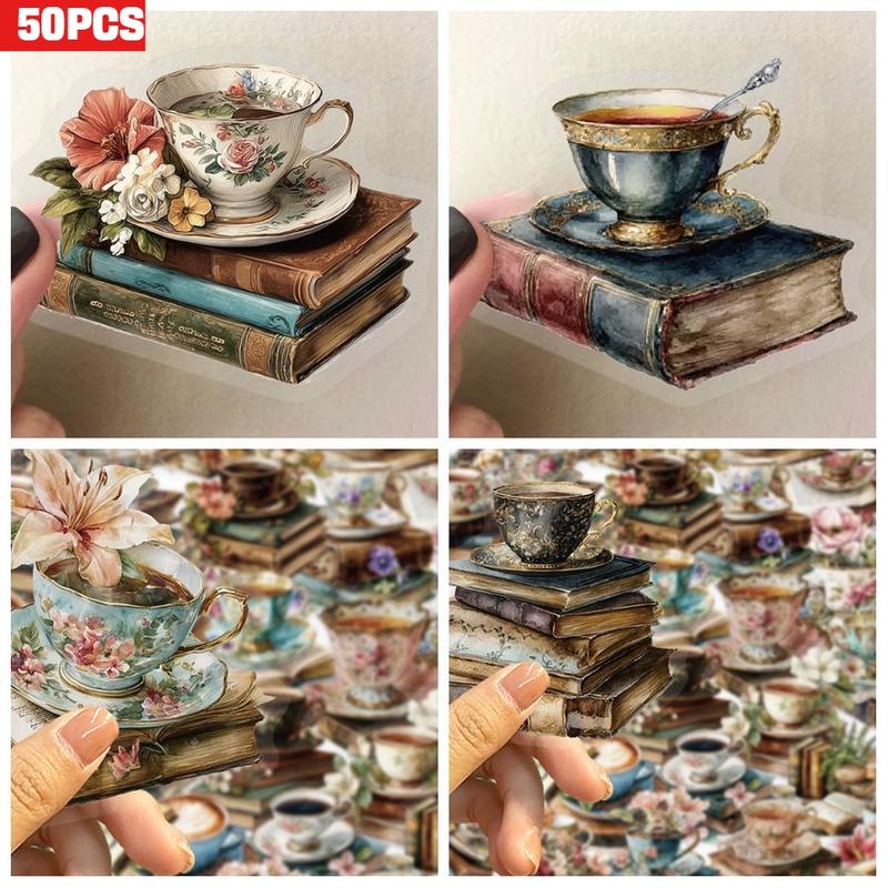 50pcs Retro Artistic Coffee Watercolor Tea Cup Old Book Floral Transparent PET Material Graffiti Stickers Suitable for Suitcases, Phone Cases, Laptops, Helmets, Skateboards Waterproof Decoration DIY Creative Stickers