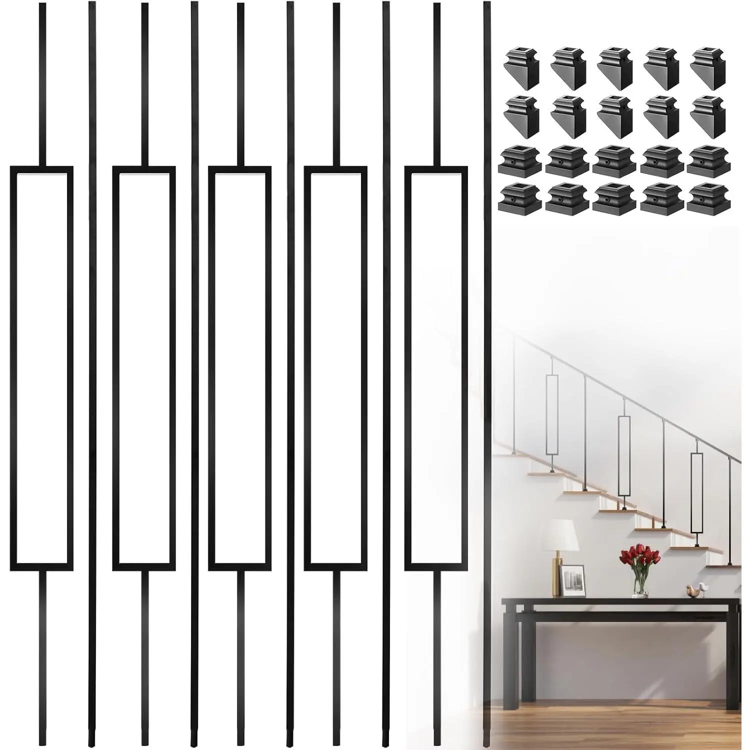 Deck Balusters, 10 Pack Wrought Iron Balusters, 1/2" Deck Railing Stair Metal Deck Spindles, Staircase Baluster W/ 20 Pack Iron Baluster Shoes (5 Straight +5 Single Rectangle)