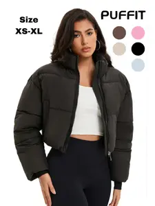 PUFFIT Stand-up Collar Cropped Puffer Jacket Women Splashproof, Fabric