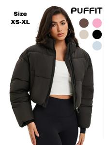 women's solid pocket zip up crop warm puffer jacket, casual waterproof stand collar outerwear for fall winter,  puffer jacket women, coat for women, jackets for women, women's warm outerwear, essentials puffer coat