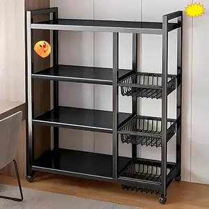 1pc Movable Metal Storage Rack Adjustable 4 - Tier Kitchen Shelf With 3 Wire Baskets Wheels Organizer For Kitchen Garage Pantry Bathroom Closet New Home Gift