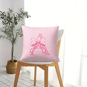 Sweet Pink Bow Monogram A-Z Throw Pillow, Vertical Striped Cushion Accent Pillow Includes Pillow Core, Cozy Decorative Pillow, For Sofa Bed Couch Car Seat, Ideal Gift For Kids Teen Girls Women