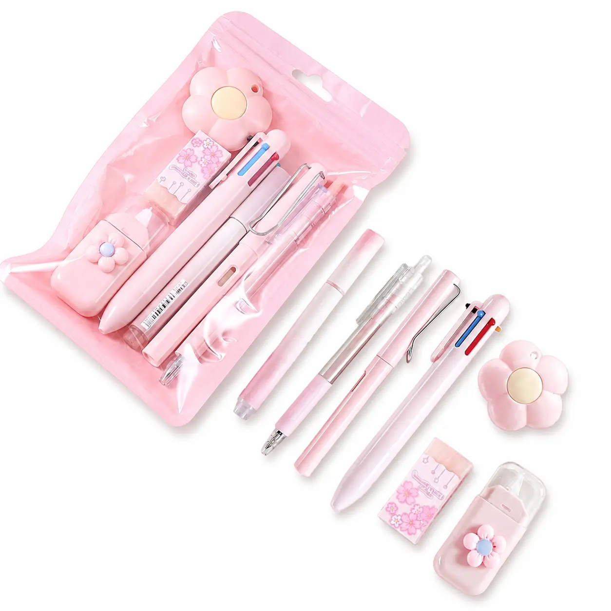 Back to School Cute Pink Stationery Set, Kawaii School Supplies Kit with Gel Pens, 6-in-1 Ballpoint Pen, Highlighter, Eraser & Correction Tape, Aesthetic Desk Essentials for Students, Teens, College, Classroom Gif
