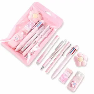 Back to School Cute Pink Stationery Set, Kawaii School Supplies Kit with Gel Pens, 6-in-1 Ballpoint Pen, Highlighter, Eraser & Correction Tape, Aesthetic Desk Essentials for Students, Teens, College, Classroom Gif