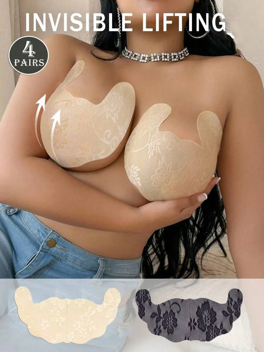 CURVIA 2/4 Pairs Plus Size Breathable Invisible Lace Lift Bra Tapes, Random Printed, Suitable For Strapless Wedding Dresses, Lift & Support For Large Bust