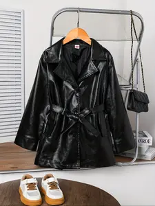 Girls' PU Leather Jacket Coat with Pockets, Long Sleeve Lapel Design, Fashionable Spring & Fall Outerwear, Trendy Motorcycle Style