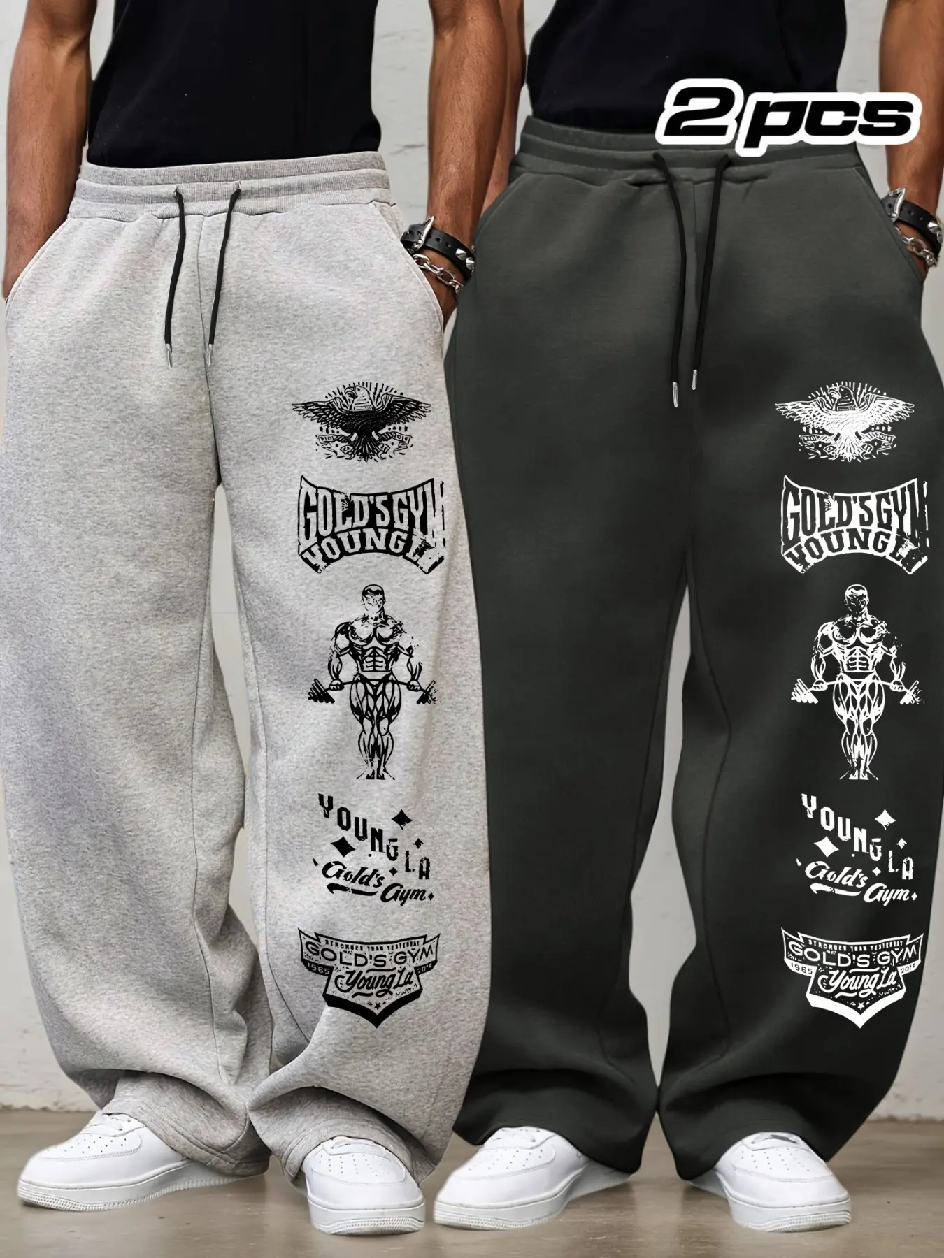 Men's 2-Piece Loose Drawstring Letter Print Sport Pants, Logo Sweatpants, Adjustable Waist, Outdoor Fitness Long Pants, Casual Straight Leg