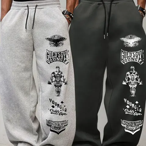 Men's 2-Piece Loose Drawstring Letter Print Sport Pants, Knitted Sports Pants, Logo Sweatpants, Adjustable Waist, Outdoor Fitness Long Pants, Casual Straight Leg
