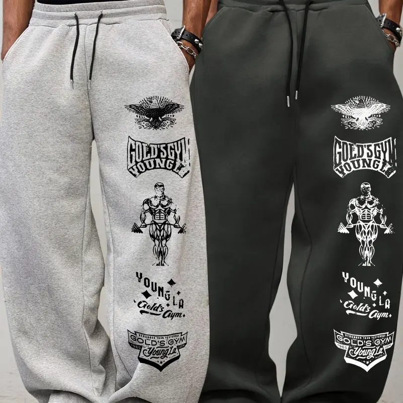 Men's 2-Piece Loose Drawstring Letter Print Sport Pants, Knitted Sports Pants, Logo Sweatpants, Adjustable Waist, Outdoor Fitness Long Pants, Casual Straight Leg