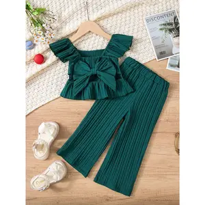 Two-Piece Set Toddler Girl's Solid Ruffle Trim Top & Wide Leg Pants Set, Casual Elegant Square Neck Top & Trousers for Daily Outdoor Wear, Kids Clothes for Summer, Fashion Style Sets