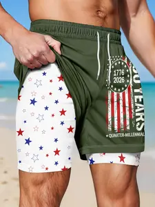 Men's 2-in-1 Patriotic 250th Anniversary Print Swim Shorts, Quick Dry Compression Liner, Drawstring Waist, Casual Summer Beach Workout Shorts, Athletic Swim Trunks