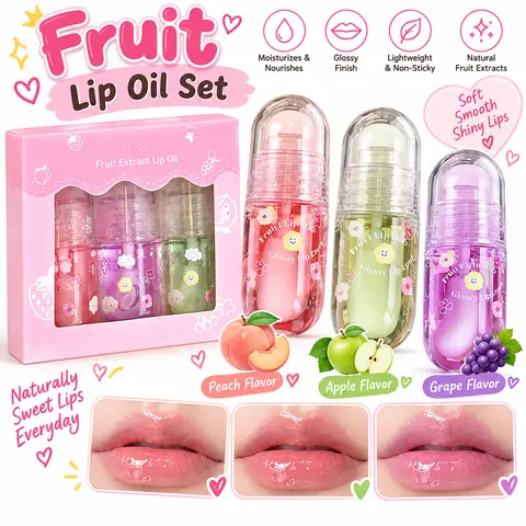 Christmas Gift 3 Pcs Hydrating Lip Oil Set, Cute Fruit Flavored Lip Oil, Long Lasting Lip Glow Balm Lip Care, Transparent Moisturizing Lip Gloss for Kids and Teens, Kids Friendly Moisturize