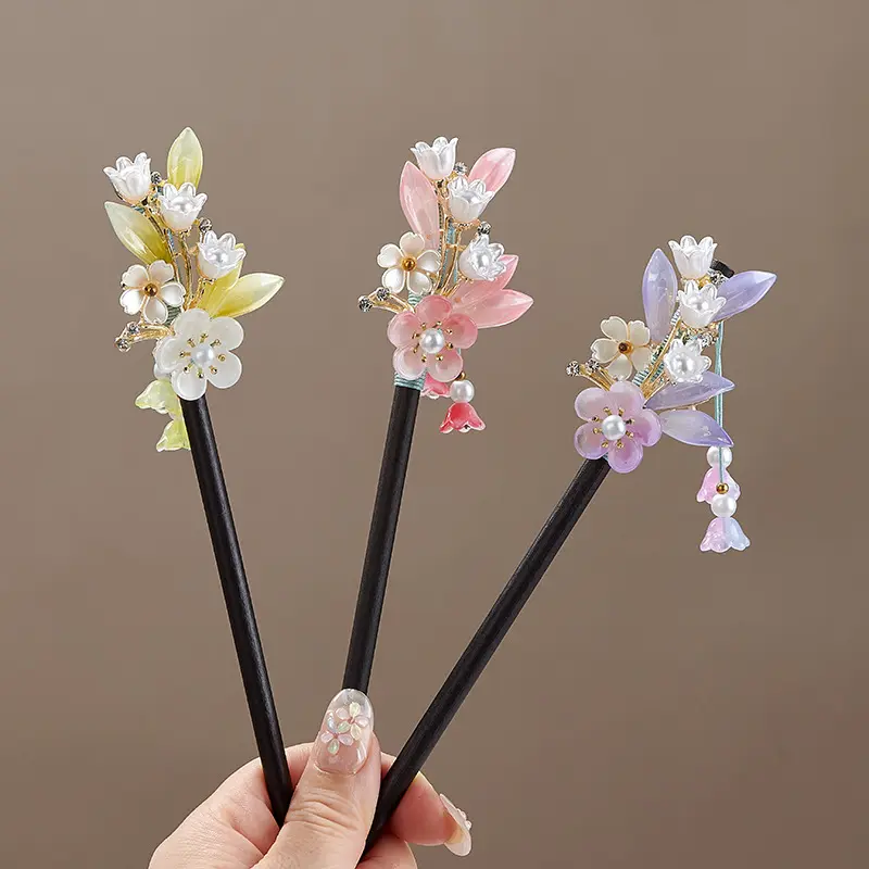 Fresh Floral Tassel Wood Hair Stick For Women, New Chinese Imitation Ebony Vintage Hairpin, Translucent Flower Dangle Step Shake Hair Fork, Elegant Oriental Updo Accessory For Hanfu Qipao Daily Cosplay