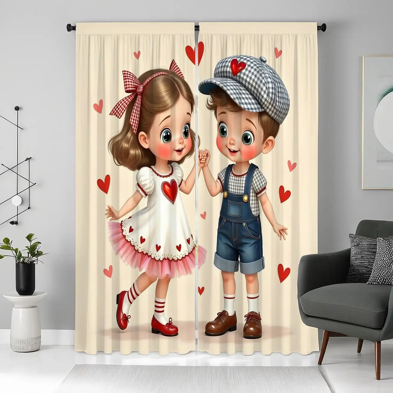 2pcs Cartoon Boy & Girl Curtains for Kids Rooms, Fun Rod Pocket Drapes for Playroom & Valentine's Day Decor Window Curtain, Home Decoration Curtain