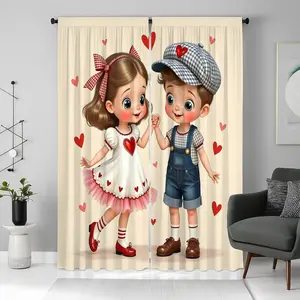 2pcs Cartoon Boy & Girl Curtains for Kids Rooms, Fun Rod Pocket Drapes for Playroom & Valentine's Day Decor Window Curtain