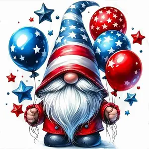Patriotic American Gnome with Balloons Diamond Painting Kit, 5D Full Drill Round & Square Rhinestone Cross Stitch, USA Flag Colors Star & Balloon Art, Independence Day 4th of July Home Decor, Cute Gnome DIY Craft Gift