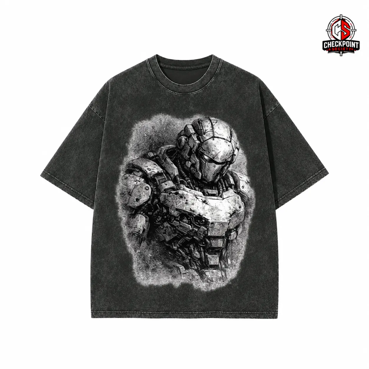 Vintage Washed Black Oversized T-Shirt with Grayscale Heavy Mecha Robot Graphic, Detailed Armor Design, Dark Sci-Fi Theme, Trendy Streetwear for Guys, Tough Robot Warrior Tee