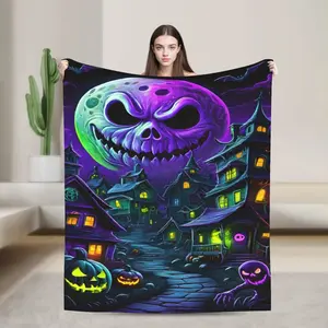 Halloween Throw Blanket - Skull Moon & Haunted Town Design, Soft Cozy Decor