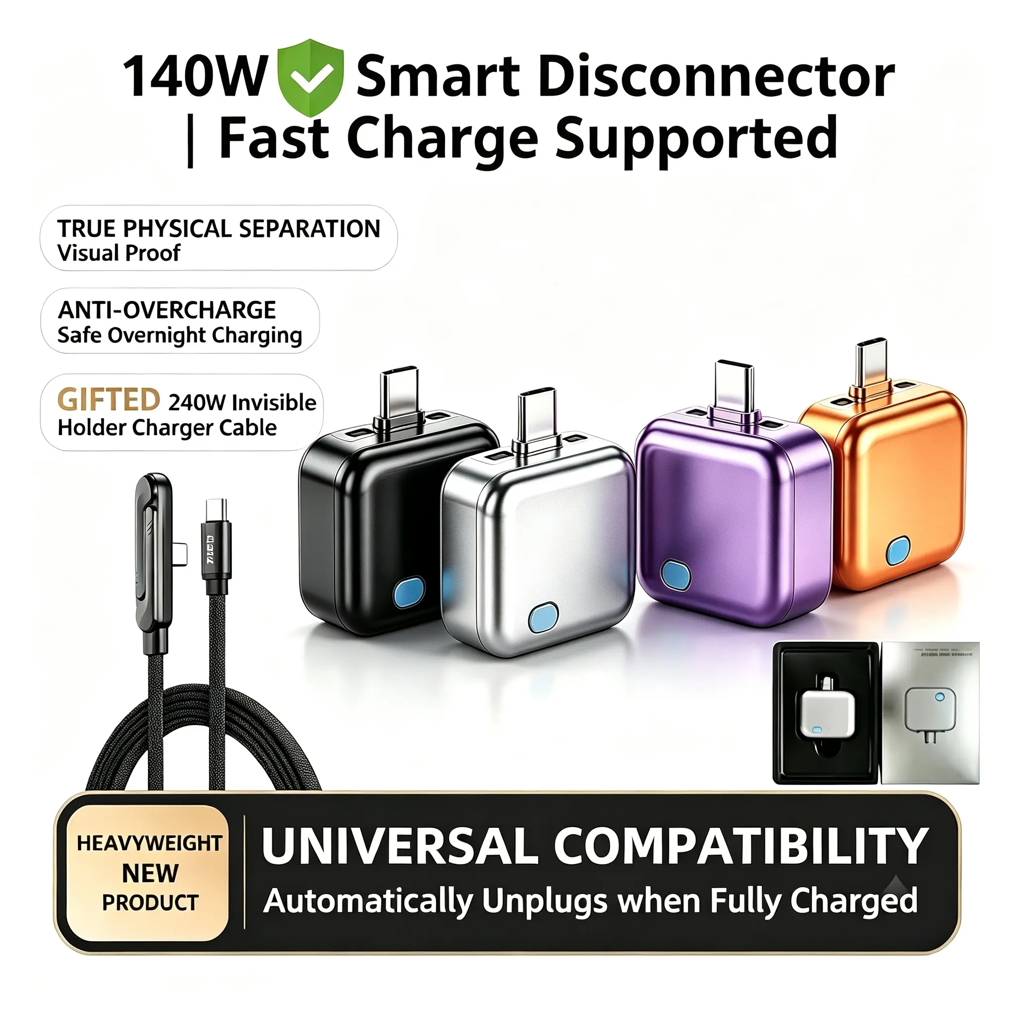 140W Type-C Physical-Disconnect Battery Guard Auto-Eject Phone Charger - Auto Stop, Anti-Overcharge Accessory for Mobile Smartphones, Laptops, Devices Safe Overnight Use Gift