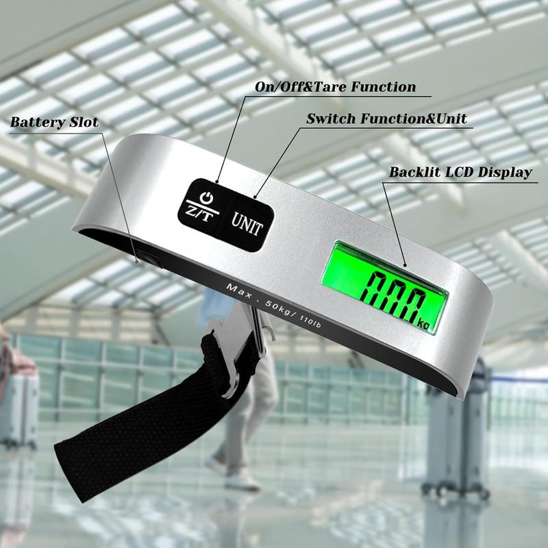 Portable Digital Luggage Scale with Green Backlight LCD Display, 110 Pounds Capacity, Waterproof & Wear-Resistant, Ideal for Travel, Backpacks & Packages, Battery Included