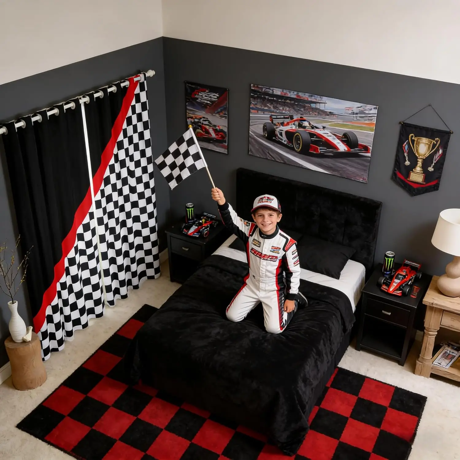 Race Car Blackout Window Curtains,Black White Checkered Grid Home Decor Curtains,Racing Themed Red Stripes Geometric Durable Blackout Window Curtains Gifts,Panels