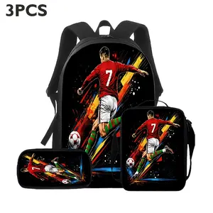 Soccer Star#7 3-Piece Backpack Set, Dynamic Kick Print School Bag + Lunch Bag + Pencil Case, Oxford Cloth Adjustable Strap Daypack for Football Fans & Kids