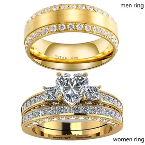 Ringcrown Couple Rings Matching Ring Heart Cut 1.5ct CZ Yellow Golden Plated Women Wedding Ring Sets For Him And Her Ring Sets Men Titanium Steel Wedding Band