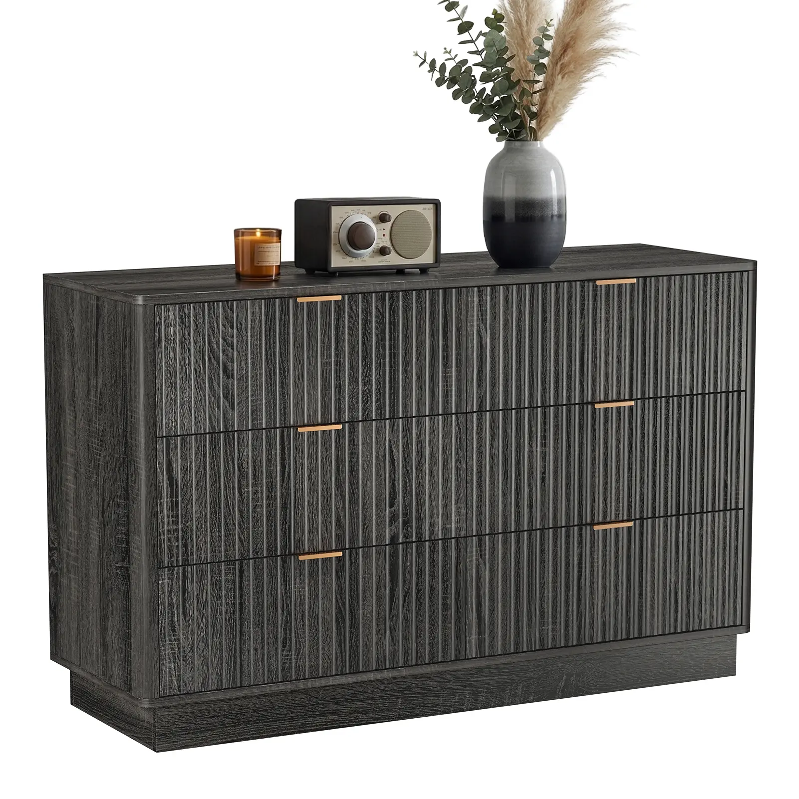 Explorinox Fluted 6-Drawer Dresser Chest - 47" Wide Modern Bedroom MDF Wood Space Saving Furniture, Metal Handles, Curved Profile, TV Stand, 400Lbs Load Bearing for Bedroom Living Room