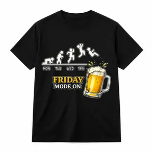 Friday Mode On Beer Cotton Oversized T-Shirt Tee, Unisex Funny Meme T-Shirt with Workweek Evolution Graphic Print for Casual Streetwear Party Outfit
