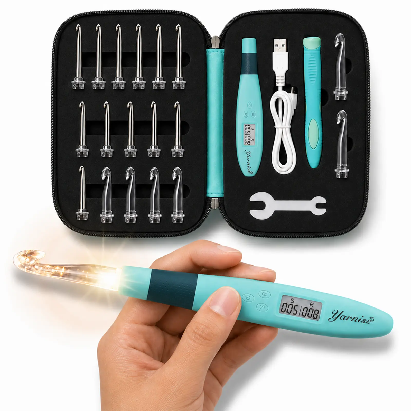 Yarniss Metal-Plastic 18-Size Hook Crochet Set Kit (12+6 Sizes, 2.0Mm~14.0Mm), Rechargeable Light, Row & Stitch Digital Counter, Fast Charging, Storage Case, Thick Yarn Crochet DIY Supplies Gift for Family