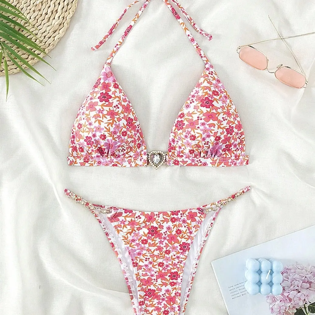 2026 Pink Printed Heart-Shaped Rhinestone Decorated Halter Neck Bikini Sexy Triangle Two-Piece Swimsuit for Women