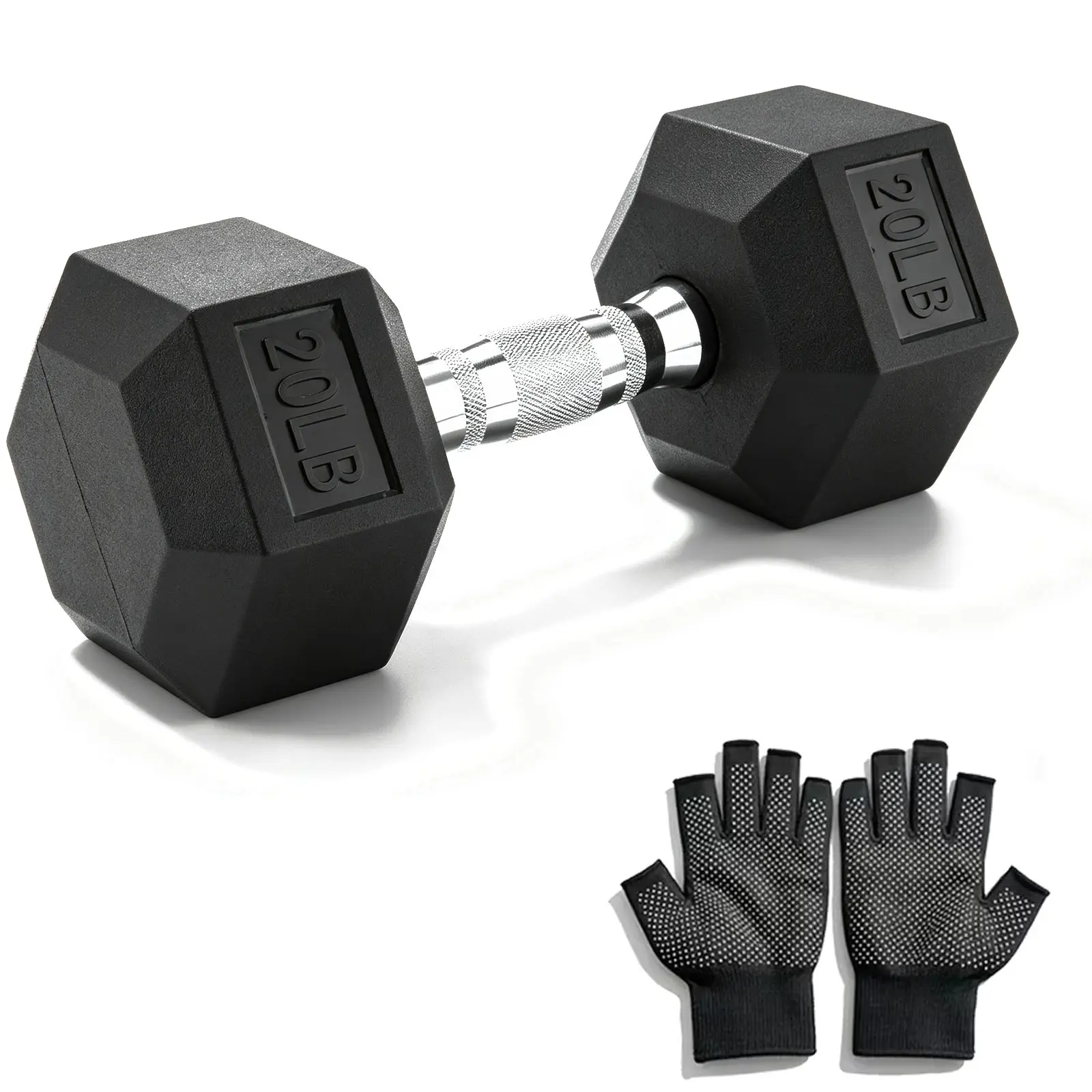 20LB Heavy Duty Hex Rubber Dumbbell with Anti-Slip Workout Gloves - Single Fixed Weight Suitable for Home Gym, Strength Training