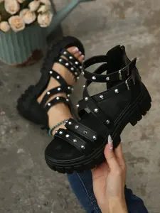 Women's Summer New Casual Roman High Heel Studded Sandals, Thick Sole Platform Shoes, Flatform, Plain Design, Less Than Ankle Height, Cross Strap Sandals