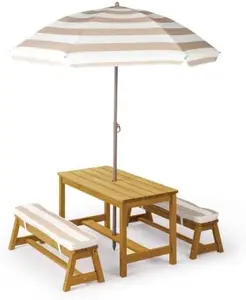 JOYMOR Kids Picnic Table Outdoor Wooden Table & Bench with Adjustable Umbrella, Picnic Table Set w/Removable Cushions for Backyard, Patio, Garden, Indoor
