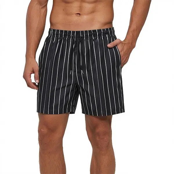 Father’s Day Gift Ideas: Minimalist Black & White Striped Men’s Swim Shorts, Lightweight for Play in Water