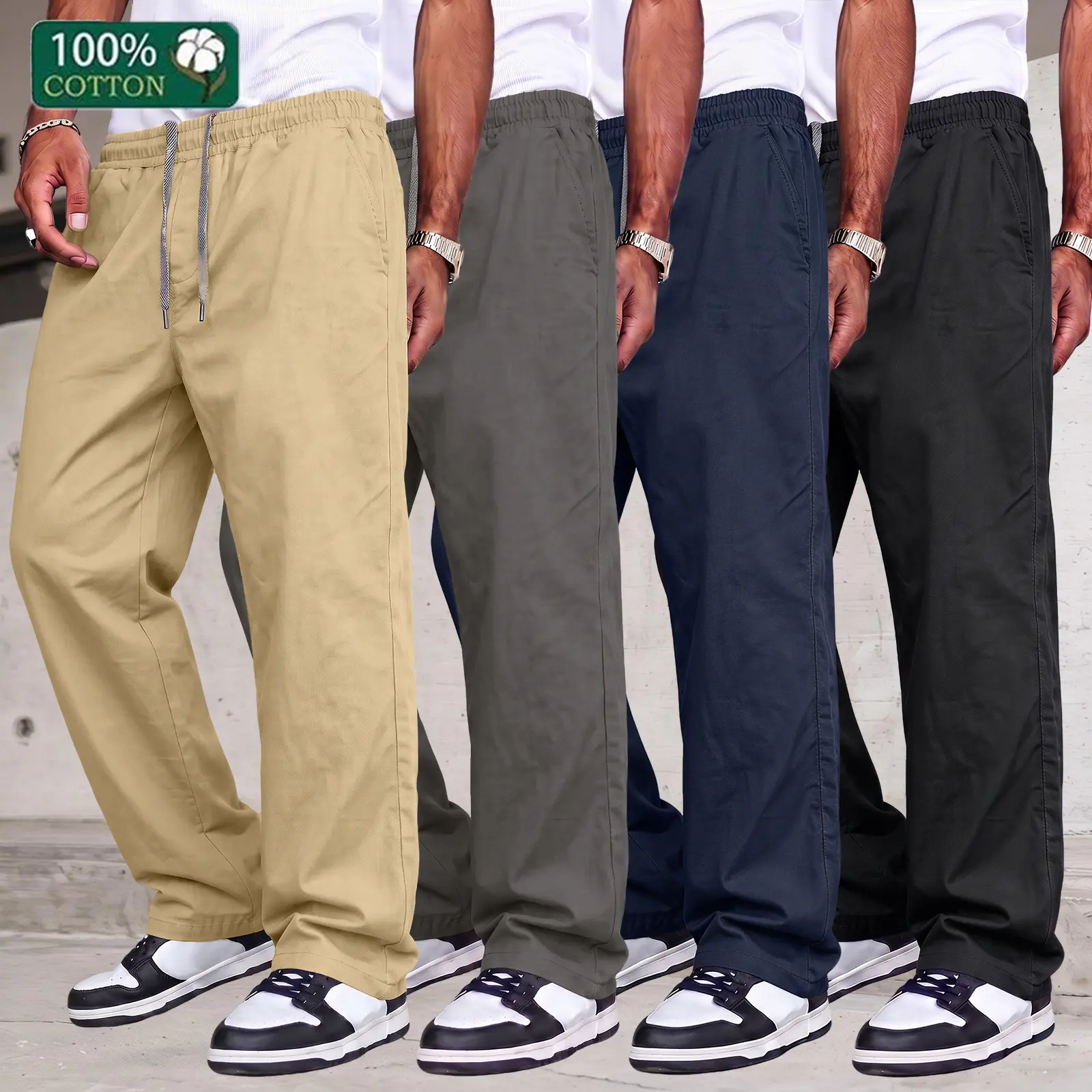 Men’s pure cotton straight-leg pants in solid colors—stylish and simple. The cotton fabric provides exceptional skin-friendliness and breathability, suitable for everyday casual wear and sports outfits.