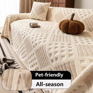 Wave Plaid Autumn Winter Cotton Velvet Sofa Blanket, Living Room Cover Cloth, Anti-Cat Scratch, Easy Clean, All Seasons Use, Reusable, Sofa Couch Covers