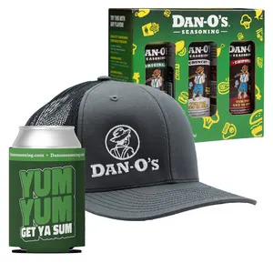 Dan-O's Sprinkle, Sip, & Shade Pack - 3 pack small bottles (Original, Chipotle, and Crunchy), Charcoal Dan-O's hat, and Yum Yum Drink Sleeve