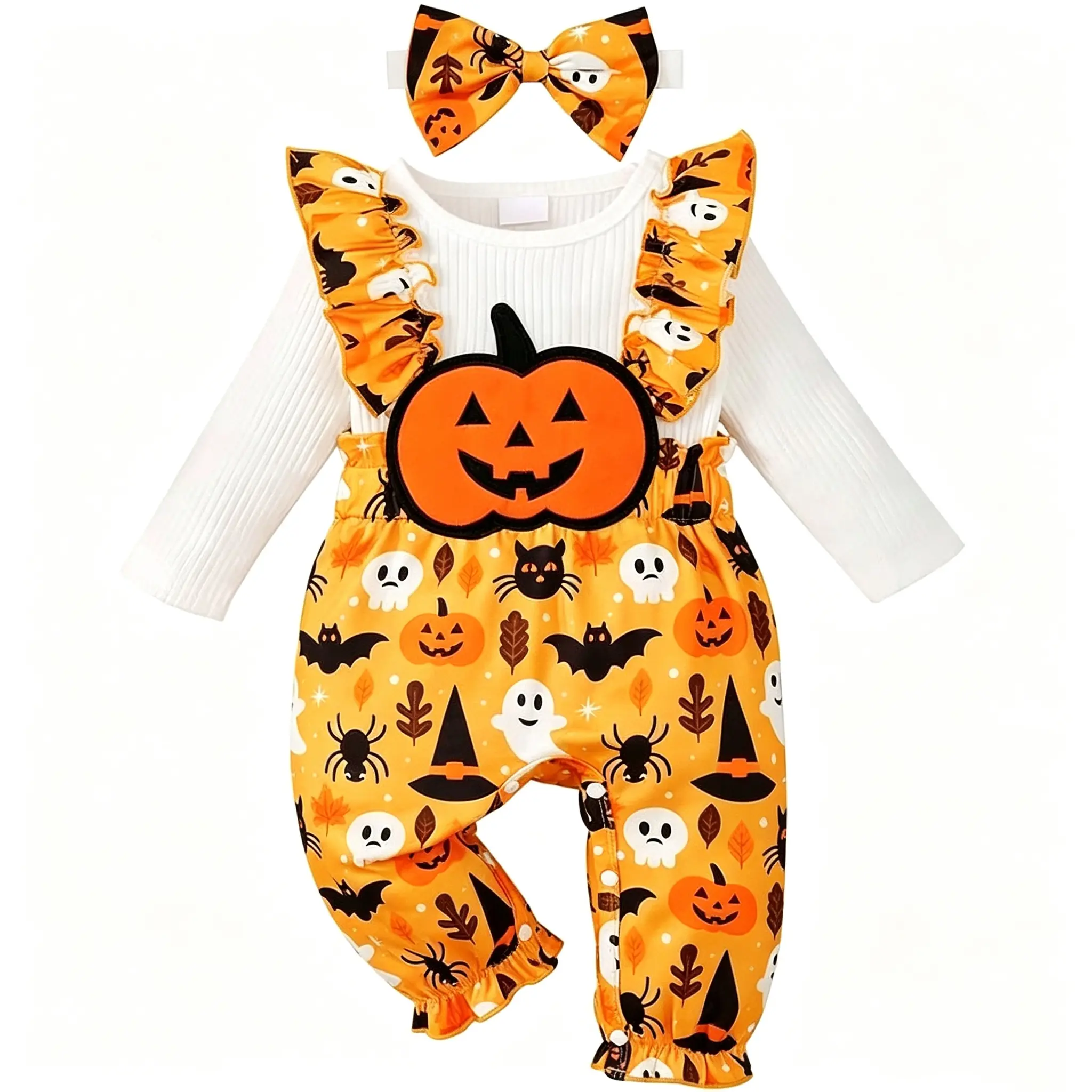 Infant Baby Girl Halloween Romper Outfit 1-18Months Long Sleeve Ribbed Jumpsuit Pumpkin Print Suspender Bottom and Headband 2PCS Fall Halloween Costume