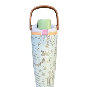 30oz Laser Water Bottle with Elegant Book Lover Pattern and Secure Lid for Easy Carry