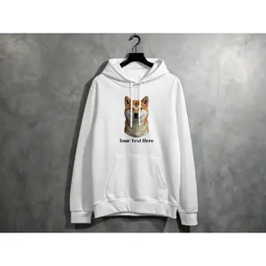 Women's dog lover gift with personalized pet portrait Graphic Hoodie - Long Sleeve Pullover Regular Fit | Soft & Breathable Fabric, Durable Print, Everyday Comfort, Machine Washable, minimalist and modern a white hoodie displayed on a hanger against a